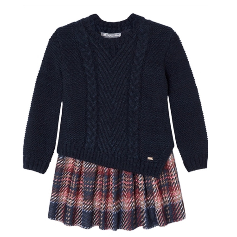 Mayoral Girls Navy Blue Cable Knit Plaid Sweater Dress Size 6‎